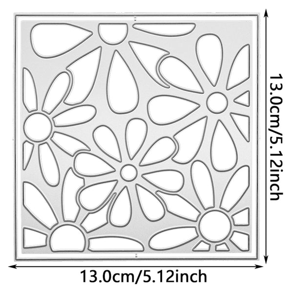 A square metal craft stencil with a repeating floral pattern, shown with dimension lines indicating a size of 13.0cm (5.