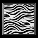 A square black and white abstract pattern featuring flowing wavy stripes and small scattered dots, framed by a thin double-line border on a black background.