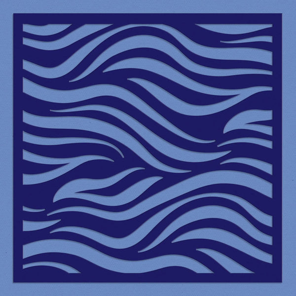 A square laser-cut wooden panel featuring an intricate wavy pattern in dark navy blue and light blue, set against a solid light blue background.