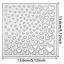 A square metal sheet with a pattern of small and large heart cutouts, shown with dimension markers indicating 13.0cm (5.