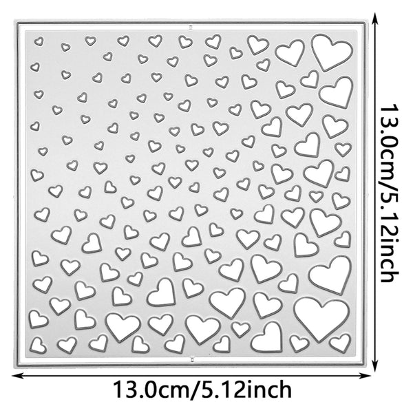 A square metal sheet with a pattern of small and large heart cutouts, shown with dimension markers indicating 13.0cm (5.