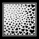 A square decorative design featuring many black hearts of different sizes on a white background, framed by a thin black border.