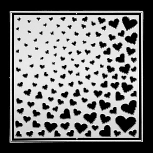 A square decorative design featuring many black hearts of different sizes on a white background, framed by a thin black border.