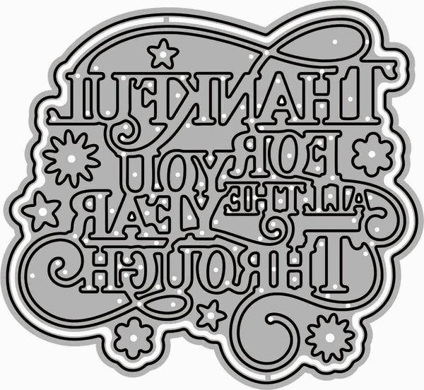 A decorative typographic design with stylized lettering reading 'THANK YOU FOR YOUR PATIENCE THROUGH IT' in black outline art on a light gray background with white border and gray shadow.