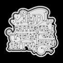 A white metal die-cut stamp or stencil featuring the word 'LOVE' in stylized gothic lettering with hearts and the phrase 'LOVE REMEMBERED' layered inside, shown on a solid black background.