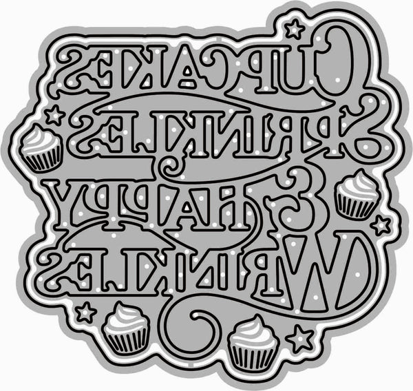 A decorative sticker or decal with the phrase 'Cupcakes, Drinks & Happy Wrinkles' in stylized outlined lettering, decorated with small cupcake illustrations and stars, shown on a plain white background.