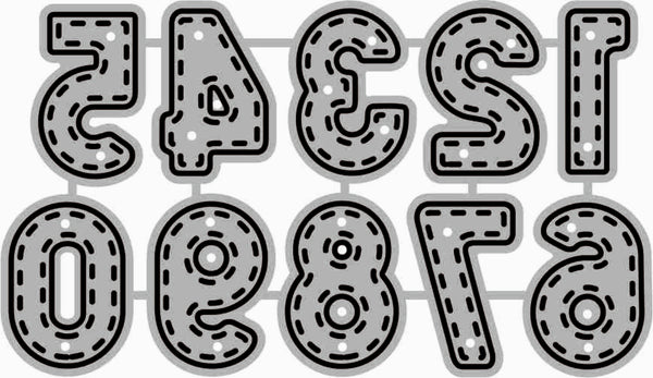 A set of decorative numbers and letters styled like stitched leather patches, featuring gray fill with black dashed stitching and white highlights, arranged on a white background.