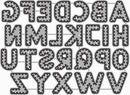 Alphabet patch set featuring uppercase letters A through V in a gray and white patchwork style with black dashed stitching and black outlines, arranged on a white grid background.
