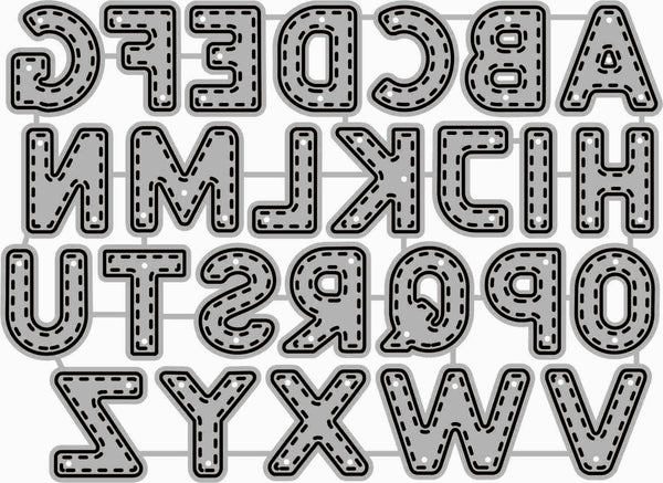 Alphabet patch set featuring uppercase letters A through V in a gray and white patchwork style with black dashed stitching and black outlines, arranged on a white grid background.