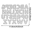 Alphabet lettering craft stencil sheet showing uppercase letters A through Z with dimension arrows indicating 11.8cm/4.