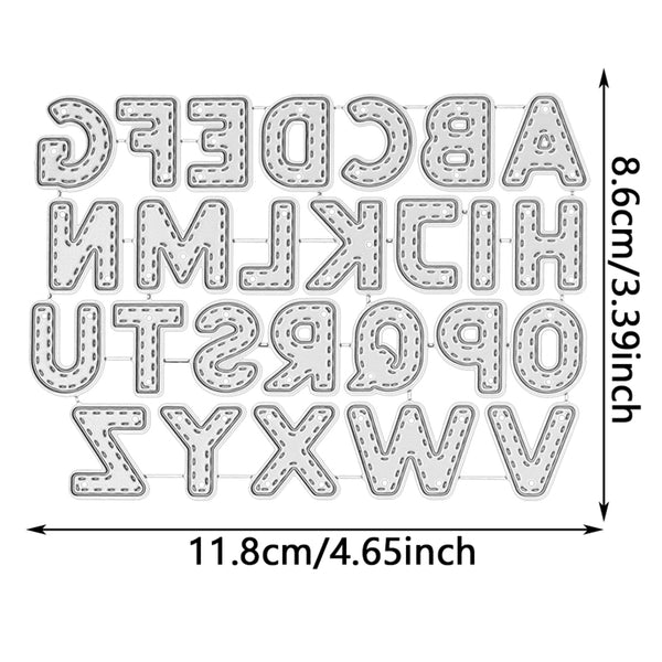 Alphabet lettering craft stencil sheet showing uppercase letters A through Z with dimension arrows indicating 11.8cm/4.