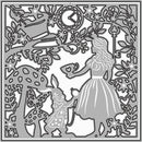 A square decorative stencil or cutout sheet featuring an Alice in Wonderland scene in gray and white, with a woman, rabbit, tree, clock, and floral outlines.