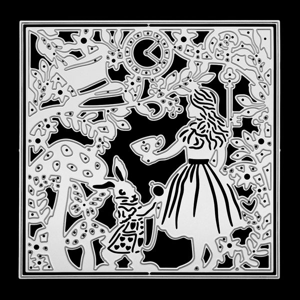 A square black metal wall plate featuring a detailed cutout design of Alice in Wonderland, including Alice, the White Rabbit, a clock, and floral elements, shown against a solid black background.