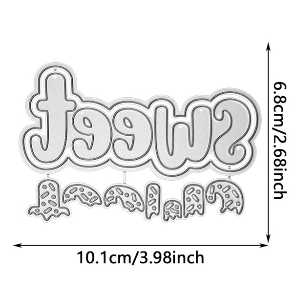 A die-cut decorative sign or plaque reading 'sweet treat' in raised bubble letters, shown with dimension arrows and labels indicating 10.1 cm by 6.