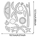 A sheet of beach-themed die-cut shapes on a white background, including a palm tree, starfish, seashell, anchor, footprints, and sunburst, with printed dimensions showing 10.7 cm by 12.