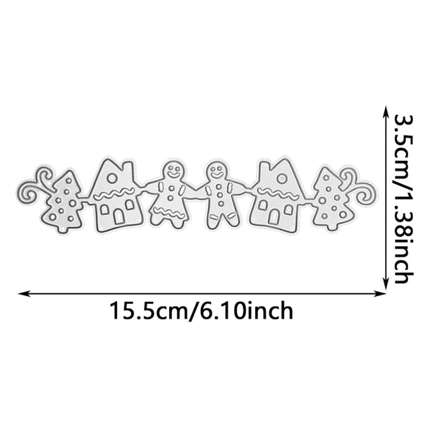 A metal die-cut holiday garland featuring gingerbread men, houses, and Christmas trees, shown with dimension arrows indicating a width of 15.5cm (6.