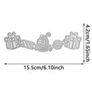 A silver metal cutting die or stencil featuring a festive candy and gift design, with dimension arrows and text indicating a width of 15.5cm (6.