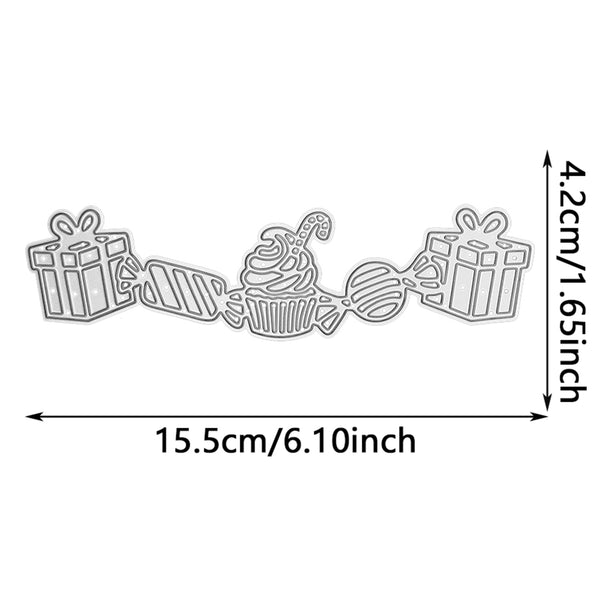 A silver metal cutting die or stencil featuring a festive candy and gift design, with dimension arrows and text indicating a width of 15.5cm (6.