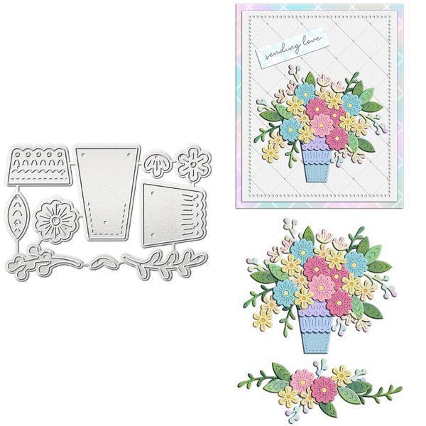 A crafting die set shown on a white background, including metal cutting templates on the left and example stamped floral designs on the right. The floral stamped designs feature pastel pink, blue, yellow, and green flowers in a blue vase, with one card example reading 'sending love'.