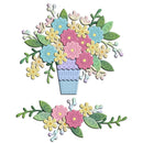 A set of layered paper craft embellishments featuring a floral bouquet in a light blue pot and a matching horizontal floral sprig, on a plain white background.