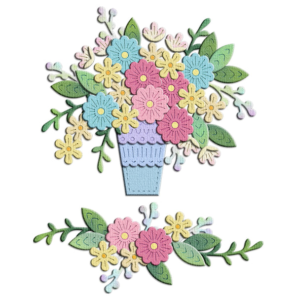 A set of layered paper craft embellishments featuring a floral bouquet in a light blue pot and a matching horizontal floral sprig, on a plain white background.