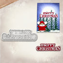 A Christmas-themed product display featuring a rectangular card with a mouse in a red hat among pine trees under a full moon and the words 'merry CHRISTMAS,' a silver metal Christmas letter opener with mirrored lettering, and a red 'merry CHRISTMAS' sign on a textured beige background.