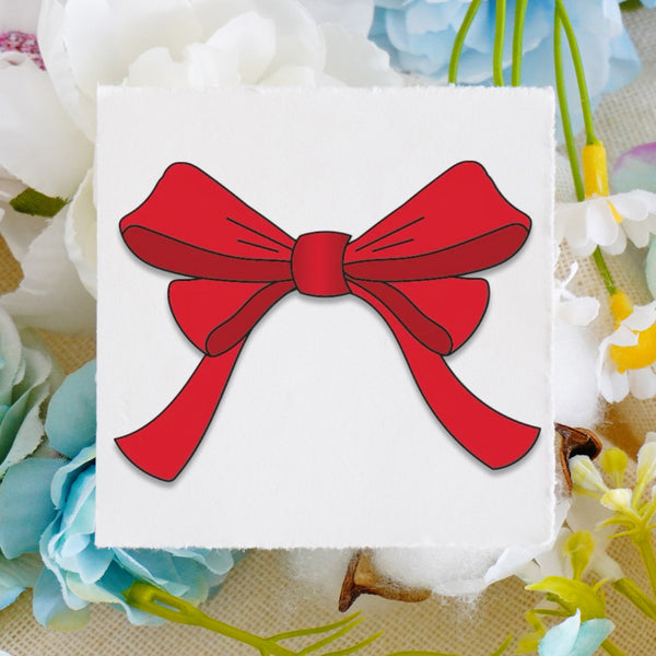 A square white card featuring a simple red ribbon bow illustration, placed on a soft floral background with white, blue, and yellow flowers.
