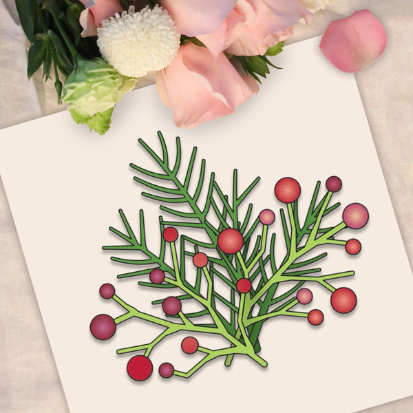 A flat illustration of a green pine branch with red berries on a white card, styled with pink flowers at the top edge.