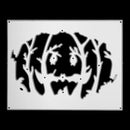 A rectangular metal cutting or stamping template with a black Halloween jack-o'-lantern face design, shown against a solid black background.