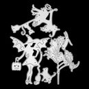A set of silver metal die-cut shapes featuring Halloween-themed designs, including a witch, a cat, a pumpkin, and a spider, arranged on a solid black background.