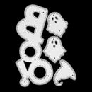 A set of white ghost-shaped die-cut paper or craft cutouts arranged on a solid black background.