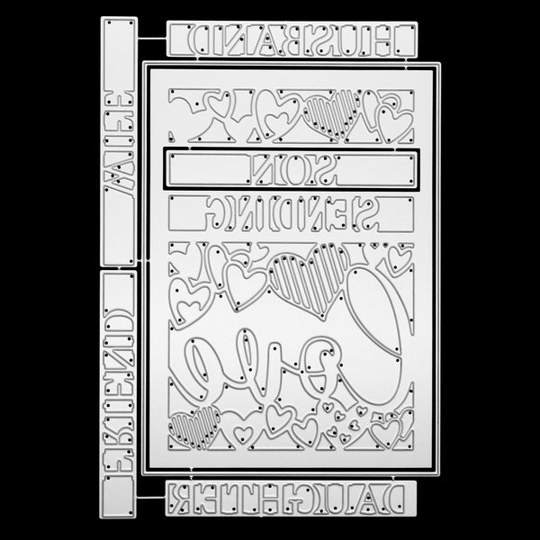 A black metal laser-cut sheet featuring various word and heart designs, including 'FRIEND', 'LOVE', 'SON', 'DAUGHTER', and 'MOTHER', shown on a solid black background.