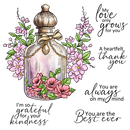 Decorative design with a glass bottle, flowers, and sentimental text on a white background
