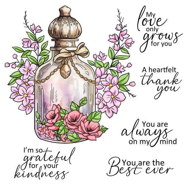 Decorative design with a glass bottle, flowers, and sentimental text on a white background