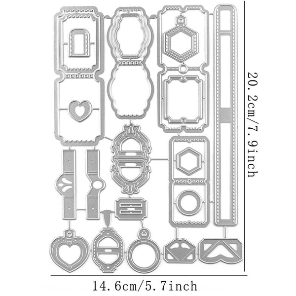 Set of metal cutting dies with various shapes and sizes on a white background.