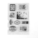 Set of clear stamps with various labels and text on a white background