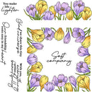 Floral design with yellow and purple flowers and accompanying text on a white background