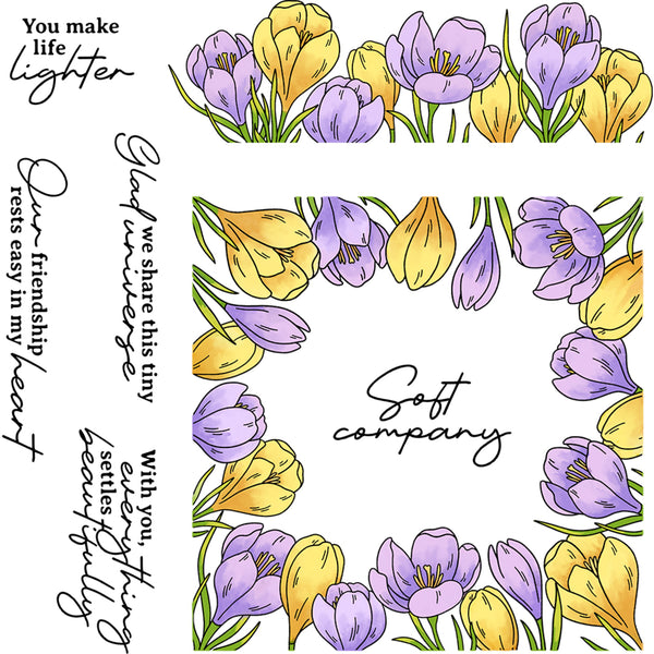 Floral design with yellow and purple flowers and accompanying text on a white background
