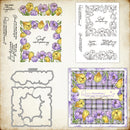 Set of floral stamps and dies with purple and yellow flowers on a textured background.