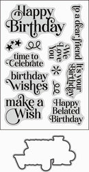 A sheet of clear stamp designs with assorted 'Happy Birthday' themed phrases in black script and serif fonts, plus a matching die-cut stamp outline at the bottom, shown on a white background.