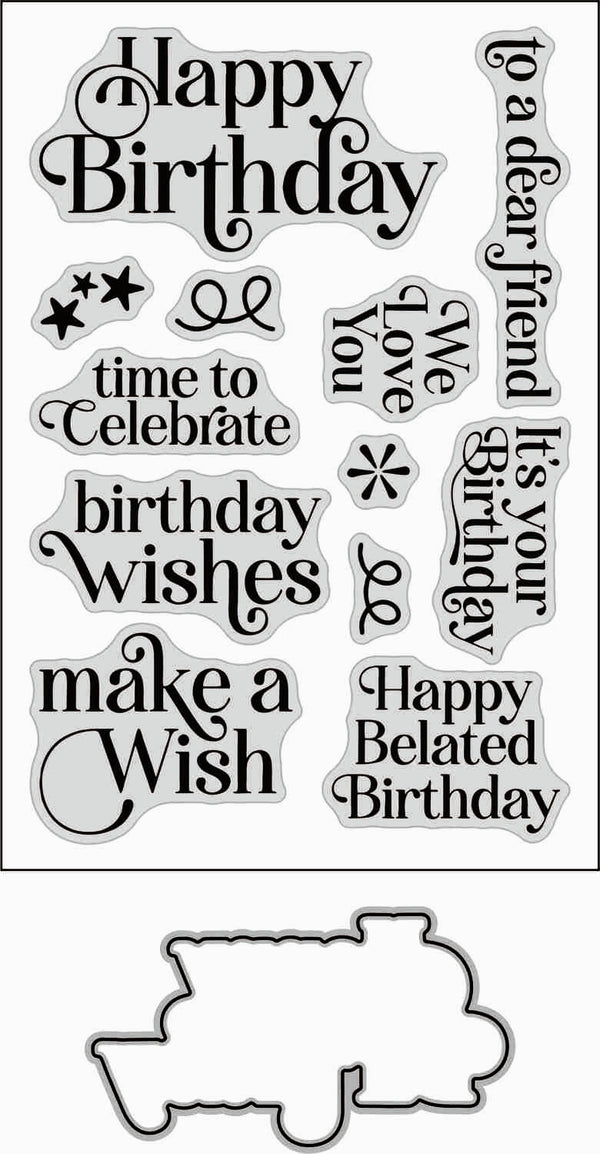 A sheet of clear stamp designs with assorted 'Happy Birthday' themed phrases in black script and serif fonts, plus a matching die-cut stamp outline at the bottom, shown on a white background.