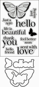 Black and white craft stamp set featuring butterfly and cloud-shaped die-cut stencils, along with decorative phrases including 'hello', 'thank you', 'feel better soon', and 'just saying'.