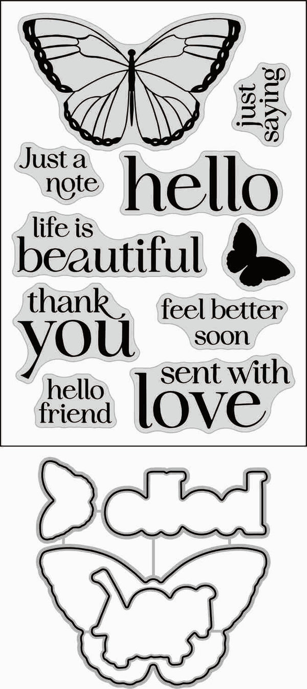 Black and white craft stamp set featuring butterfly and cloud-shaped die-cut stencils, along with decorative phrases including 'hello', 'thank you', 'feel better soon', and 'just saying'.