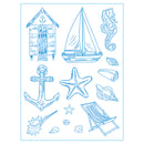 A sheet of blue line-art illustrations featuring nautical and beach-themed designs, including a sailboat, anchor, seahorse, starfish, shells, and a beach chair, on a white background.