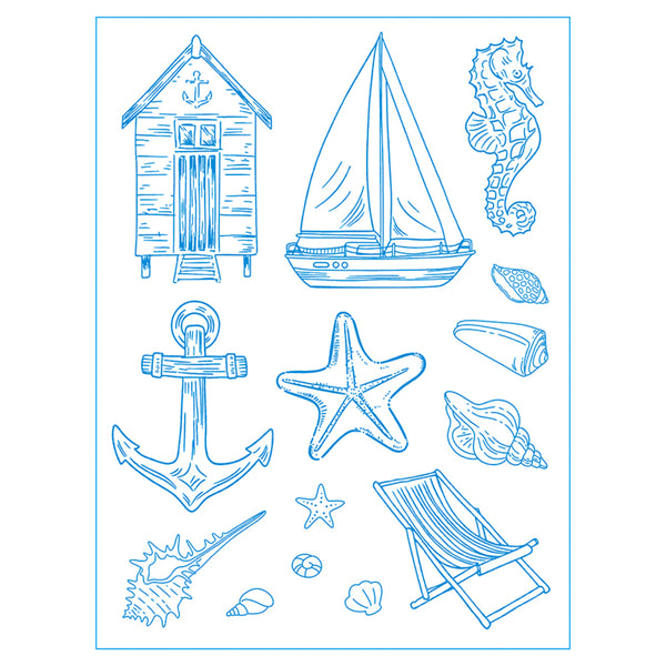 A sheet of blue line-art illustrations featuring nautical and beach-themed designs, including a sailboat, anchor, seahorse, starfish, shells, and a beach chair, on a white background.
