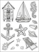 A sheet of black and white nautical-themed illustrations or decals, including a beach hut, sailboat, seahorse, anchor, starfish, shells, and a beach chair on a white background.