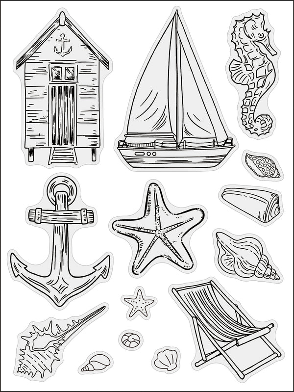 A sheet of black and white nautical-themed illustrations or decals, including a beach hut, sailboat, seahorse, anchor, starfish, shells, and a beach chair on a white background.