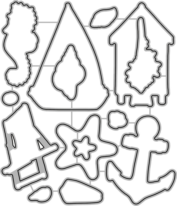 A sheet of black metal die-cut outlines featuring various nautical and beach-themed shapes, including a seahorse, house, starfish, anchor, and shell, arranged on a white grid background.