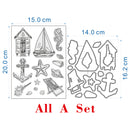 Nautical-themed craft die set shown on a white background with dimension labels. The set includes two sheets of black metal cutters: one with raised seashore motifs like anchors, starfish, seahorse, beach chair, and sailboat (20.