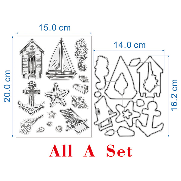 Nautical-themed craft die set shown on a white background with dimension labels. The set includes two sheets of black metal cutters: one with raised seashore motifs like anchors, starfish, seahorse, beach chair, and sailboat (20.